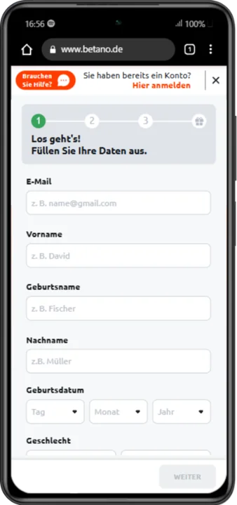 Registrierung über die mobile Plattform