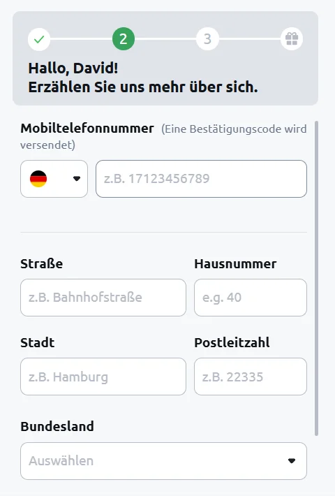 Betano-Registrierungsfelder in Schritt 2