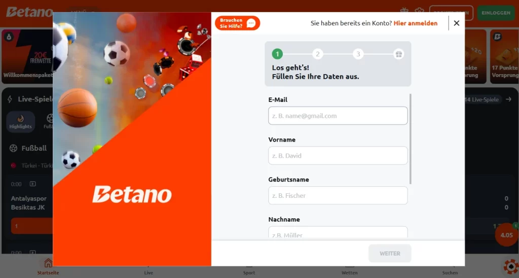 Anmeldeformular für Betano Sportwetten