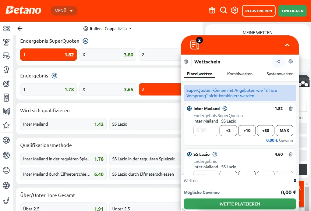 Beispielwetten bei Betano Germany